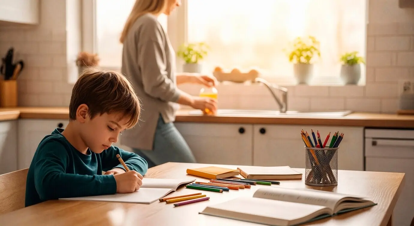 Mutfakta ödev yapan bir erkek çocuk